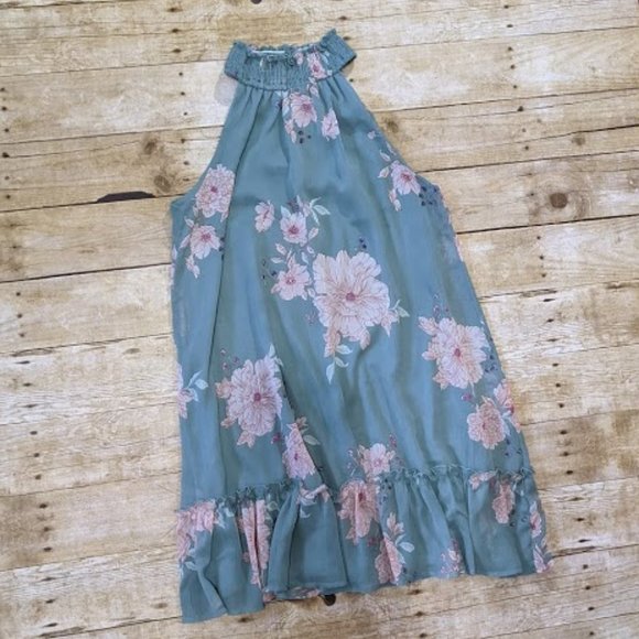 Mossy Green Floral Halter Drop Waist Dress - Picture 2 of 6